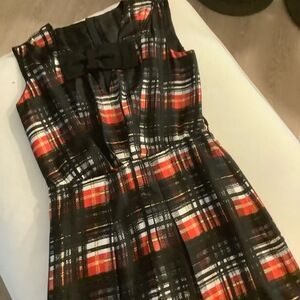 Prada Dress W Size 40 Black Red Plaid Pleat Front Sleeveless Black Bow Designer
